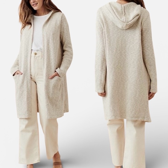 JENNI KAYNE Linen Cotton Hooded Sweater Cardigan Duster in Natural - Picture 2 of 12